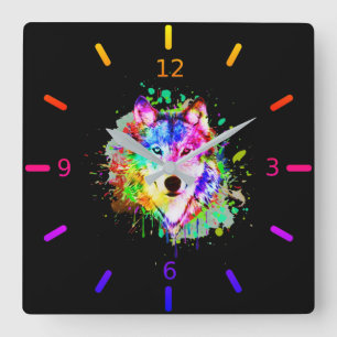 Farbiger Watercolor Splash Wolf Quadratische Wanduhr