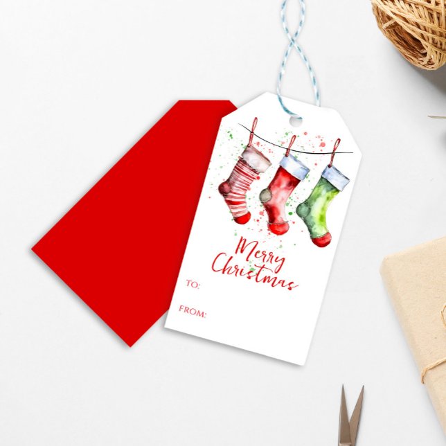 Farbiger Weihnachtswasserfarben Strumpf von und na Geschenkanhänger (Merry Christmas watercolor custom gift tag. )