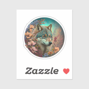 Farbiger Wolf mit Blume Aufkleber