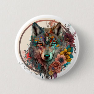 Farbiger Wolf mit Blume Button