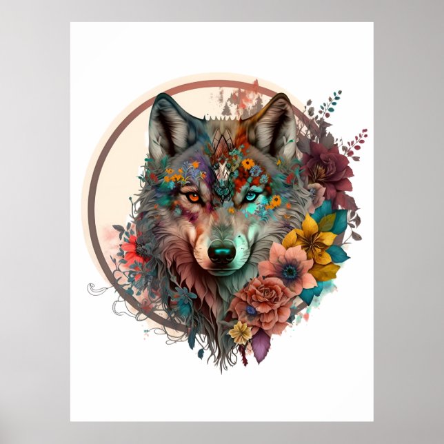 Farbiger Wolf mit Blume Poster (Vorne)