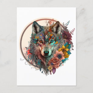 Farbiger Wolf mit Blume Postkarte
