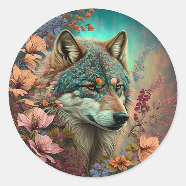 Farbiger Wolf mit Blume Runder Aufkleber (Vorderseite)