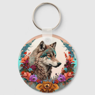 Farbiger Wolf mit Blume Schlüsselanhänger