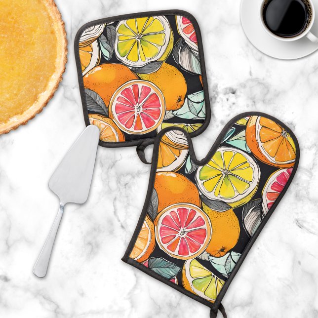 Farbiger Zitrus Ofenhandschuh & Topflappen-Set (This cute oven mitt & pot holder set will add a touch of whimsy and splash of color to your kitchen.)