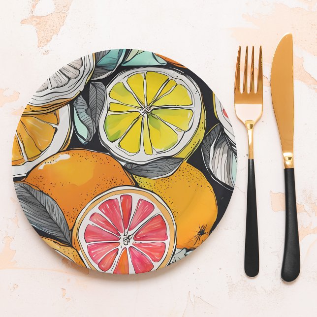 Farbiger Zitrus Pappteller (Colorful paper plates for parties, picnics, barbecues and everyday use.)