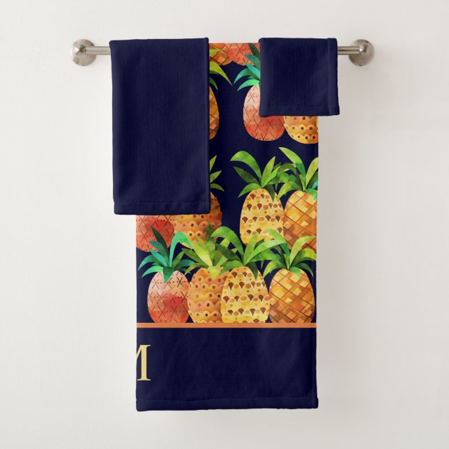 Farbiges Ananas-Muster auf Navy Blue Badhandtuch Set (Insitu)