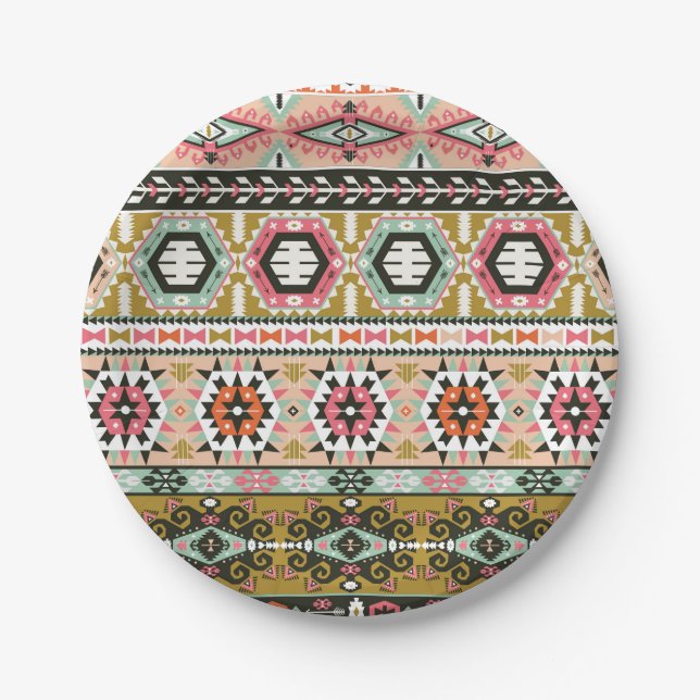 Farbiges Aztekenmuster Boho Geometric Pappteller (Vorderseite)