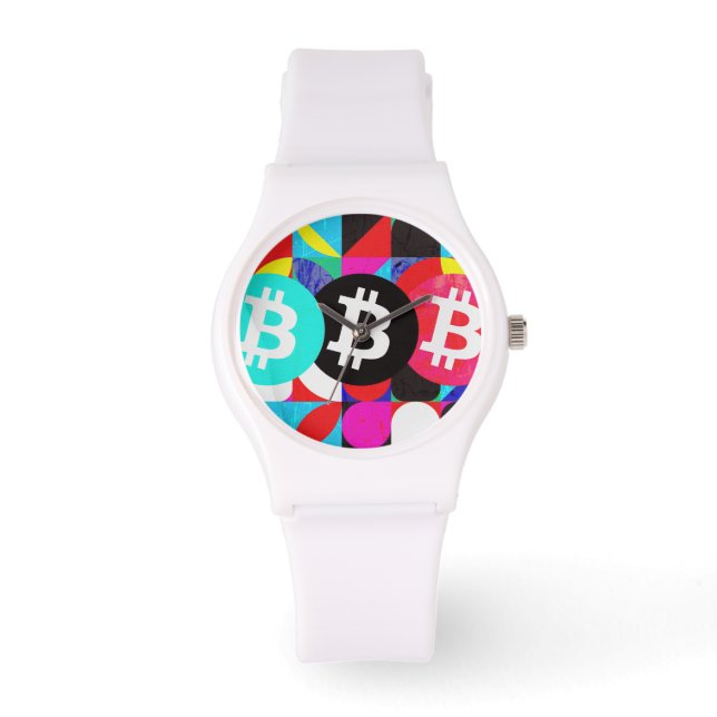 Farbiges Bitcoin-Muster Armbanduhr (Vorderseite)