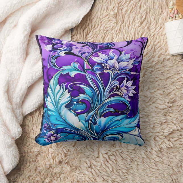 Farbiges Blumendesign mit blauen und Lila Farbtöne Kissen (Decke)
