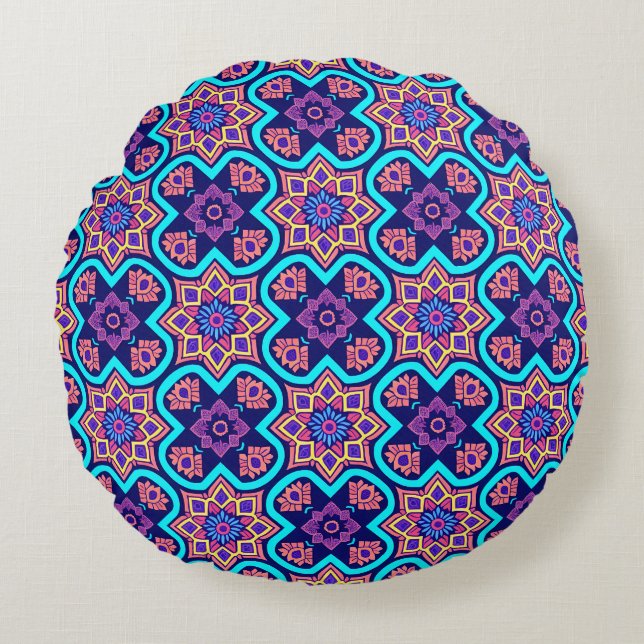 Farbiges Boho Geometrie-Muster Rundes Kissen (Vorderseite)