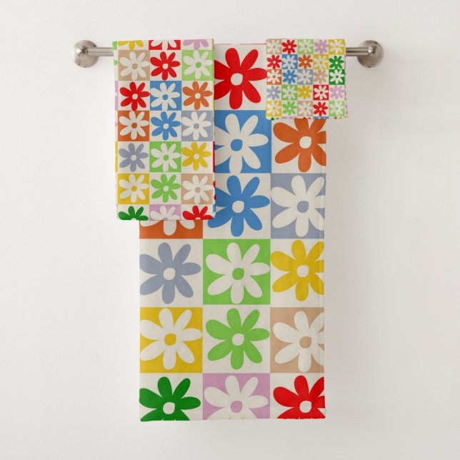 Farbiges, Bold Checkered Blume Y2K-Muster Badhandtuch Set (Insitu)