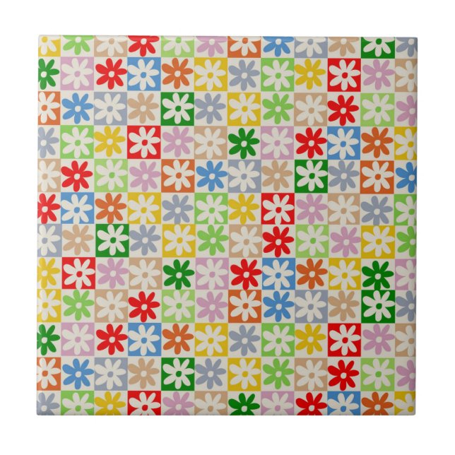 Farbiges, Bold Checkered Blume Y2K-Muster Fliese (Vorderseite)