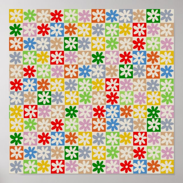 Farbiges, Bold Checkered Blume Y2K-Muster Poster (Vorne)