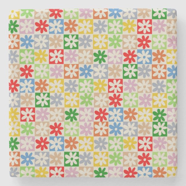 Farbiges, Bold Checkered Blume Y2K-Muster Steinuntersetzer (Vorderseite)
