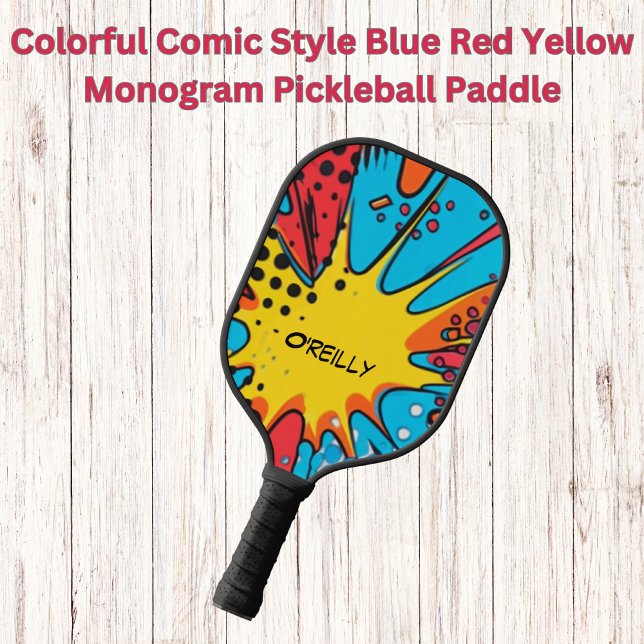 Farbiges Comic Blauer Rot-Gelbe Monogramm Pickleball Schläger (Von Creator hochgeladen)