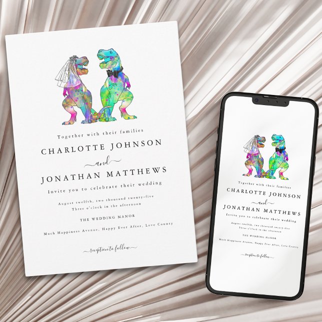 Farbiges Dinosaurier-Thema Einladung (Colorful dinosaur theme wedding invitation with stylish Minimlist typography)
