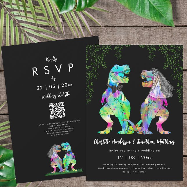 Farbiges Dinosaurier-Thema Hochzeits-QR-Code Einladung (Colorful T-Rex bride and groom dinosaur black white wedding qr code invitation T-Rex bride and groom)