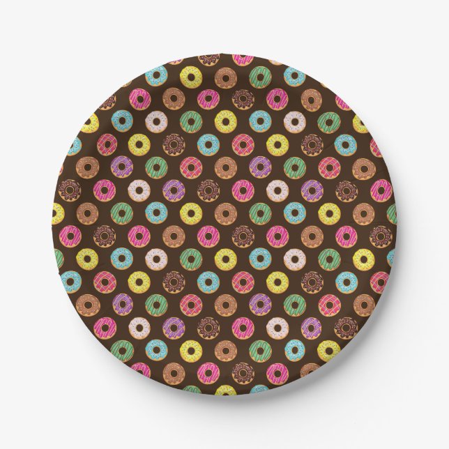 Farbiges Donut Muster in Schokolade Pappteller (Vorderseite)