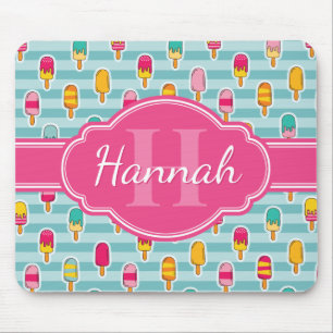 Farbiges Eismuster mit rosafarbenem Monogramm, Pop Mousepad