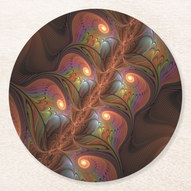 Farbiges fluoreszierendes Abstraktes trippy-Brown- Runder Pappuntersetzer (Vorderseite)