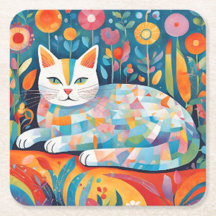 Farbiges geometrisches Katzendesign, Abstrakte Fel Rechteckiger Pappuntersetzer