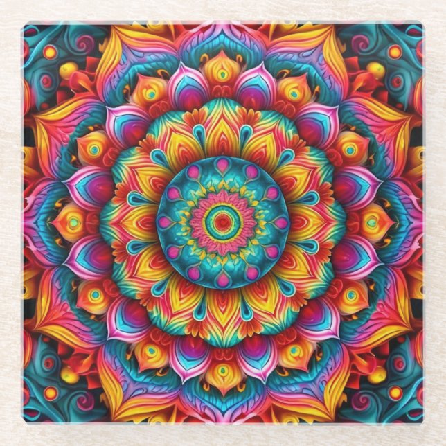 Farbiges geometrisches Mandala-Muster-342678 Glasuntersetzer (Vorderseite)
