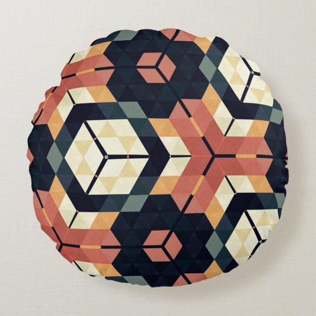 Farbiges geometrisches Muster mit Hexagon Square Rundes Kissen (Vorderseite)