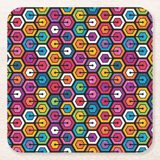Farbiges geometrisches Muster mit Hexagonen Rechteckiger Pappuntersetzer (Vorderseite)