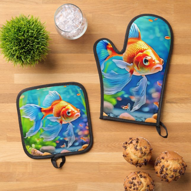Farbiges Goldfish-Design Ofenhandschuh & Topflappen-Set (Oben Unten)