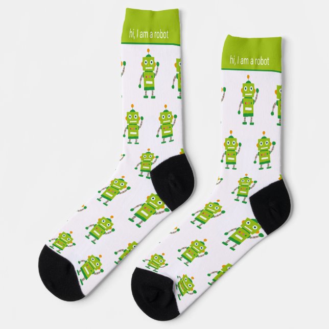 Farbiges grünes Roboter-Muster und Text Socken (Linkes Detail)