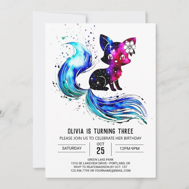 Farbiges Happy Fox Digital Girl Geburtstag Einladung (Vorderseite)