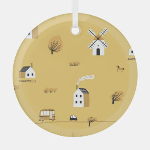 Farbiges Haus, Bäume, Pferdchenlandschaft Ornament Aus Glas