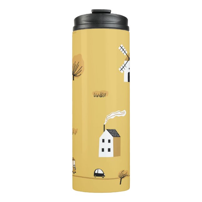 Farbiges Haus, Bäume, Pferdchenlandschaft Thermosbecher (Vorderseite)