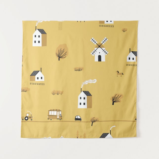 Farbiges Haus, Bäume, Pferdchenlandschaft Wandteppich (Vorderseite)