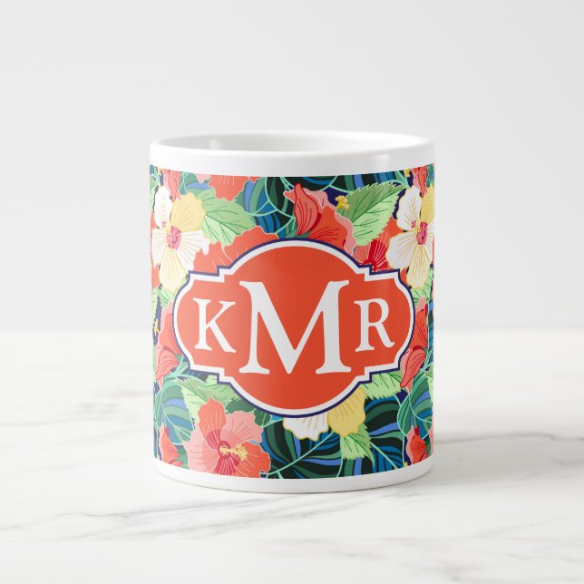 Farbiges Hibiskus| Monogramm Jumbo-Tasse (Vorderseite)