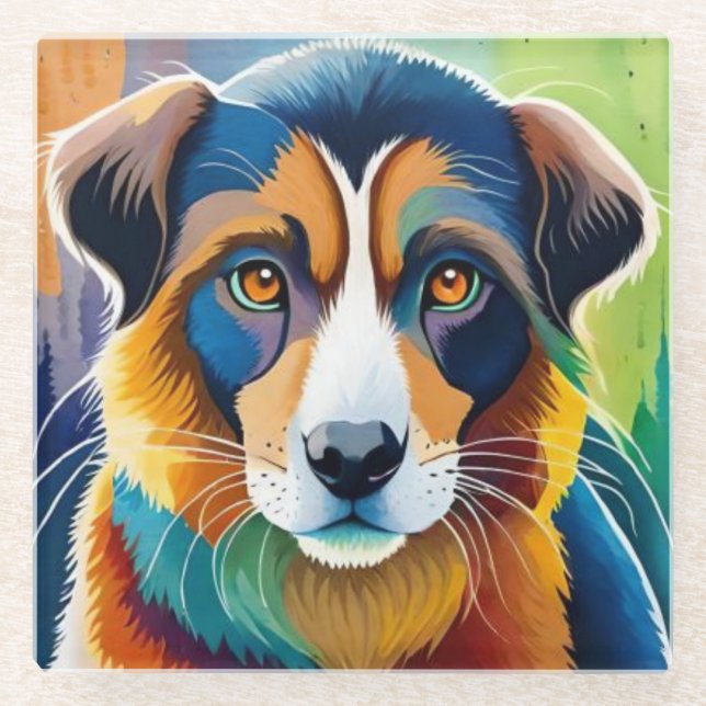 Farbiges Hundegesicht nah Glasuntersetzer (Vorderseite)