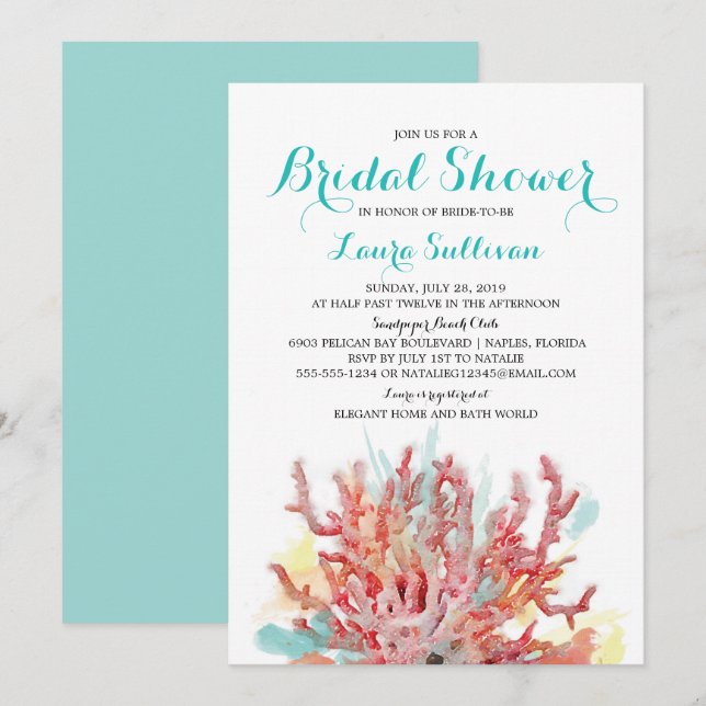 Farbiges Korallenriff Wasserfarbe| Brautparty Einladung (Vorne/Hinten)