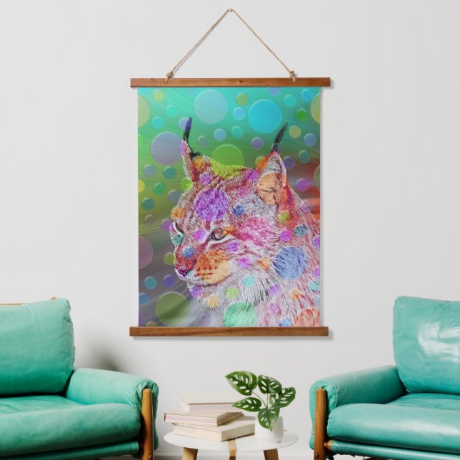 Farbiges Lynx-Portrait, abstrakte Kunst Wandteppich Mit Holzrahmen (Wohnzimmer)
