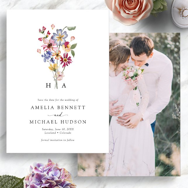 Farbiges Mit Monogramm Foto Save The Date (Colorful Watercolor Floral Monogrammed Photo Save The Date by Painted Paperie
)
