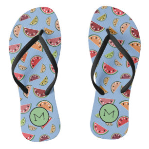 Farbiges Modern Watermelon-Muster Monogramm Flip Flops
