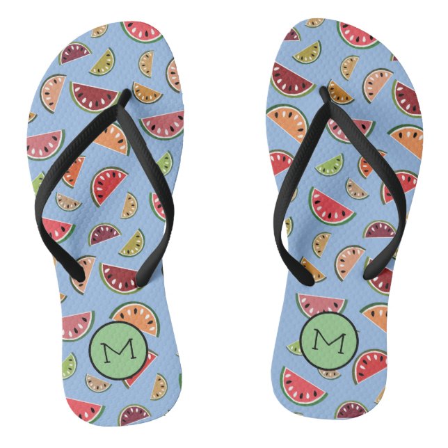 Farbiges Modern Watermelon-Muster Monogramm Flip Flops (Fußbett)