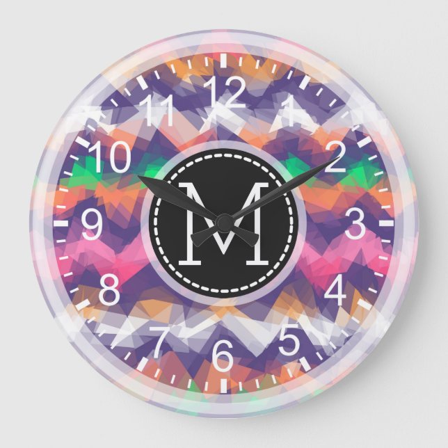 Farbiges Mosaik Modernes Monogramm #10 Große Wanduhr (Vorderseite)
