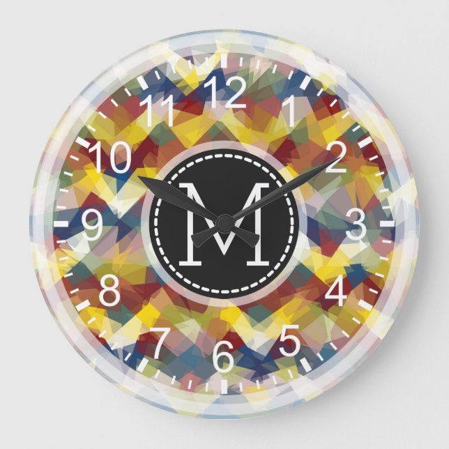 Farbiges Mosaik Modernes Monogramm #4 Große Wanduhr (Vorderseite)