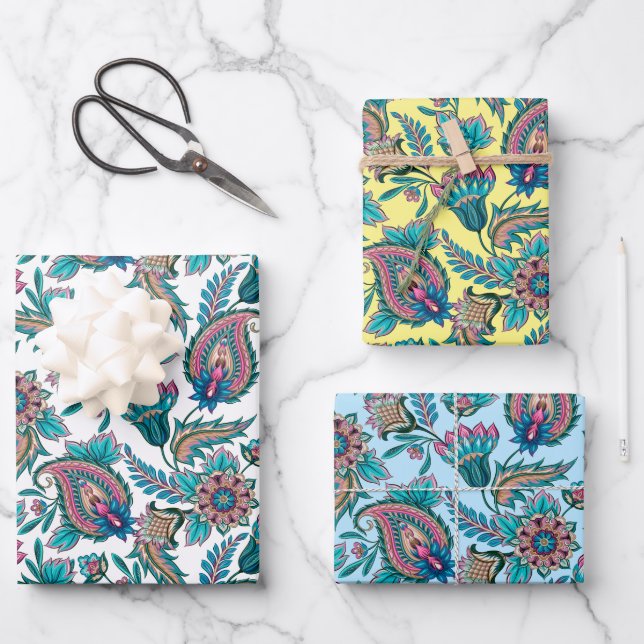 Farbiges Muster der ethnischen Blumenpaisley Geschenkpapier Set (Vorderseite)