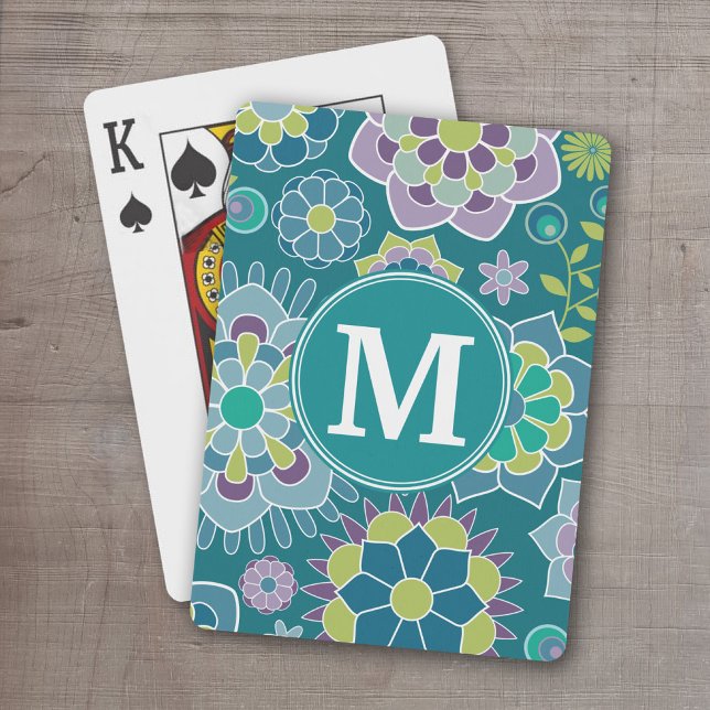 Farbiges Muster für die Blütenpracht Spielkarten (Personalized Playing Cards - monogram with colorful retro flower pattern)