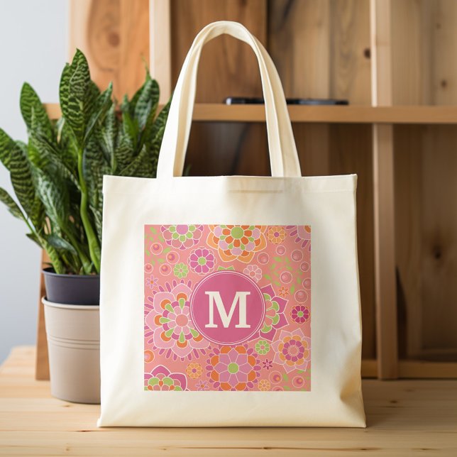 Farbiges Muster für die Blütenpracht Tragetasche (Personalized tote bag - flower pattern and name)