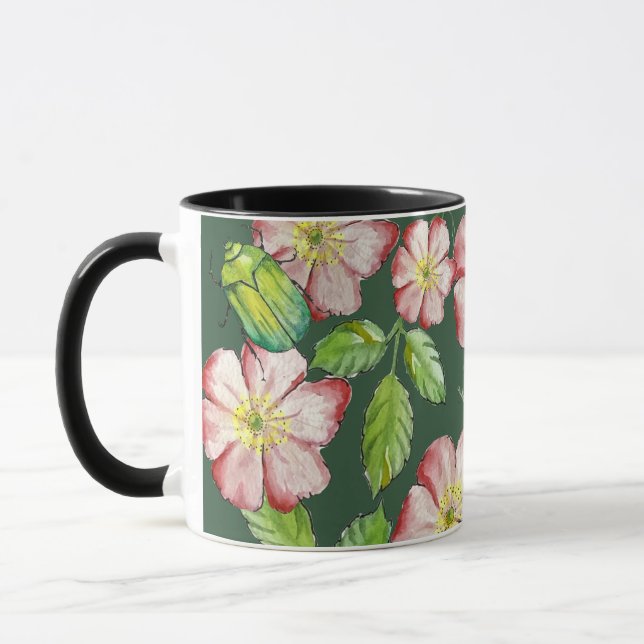 Farbiges Muster mit Aquarellfarben-Rose-Blume und Tasse (Links)