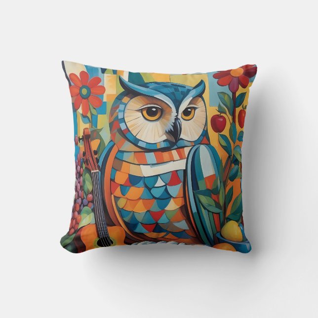 Farbiges Owl Still Life Portrait Kissen (Vorderseite)
