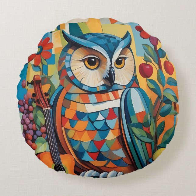Farbiges Owl Still Life Portrait Rundes Kissen (Vorderseite)